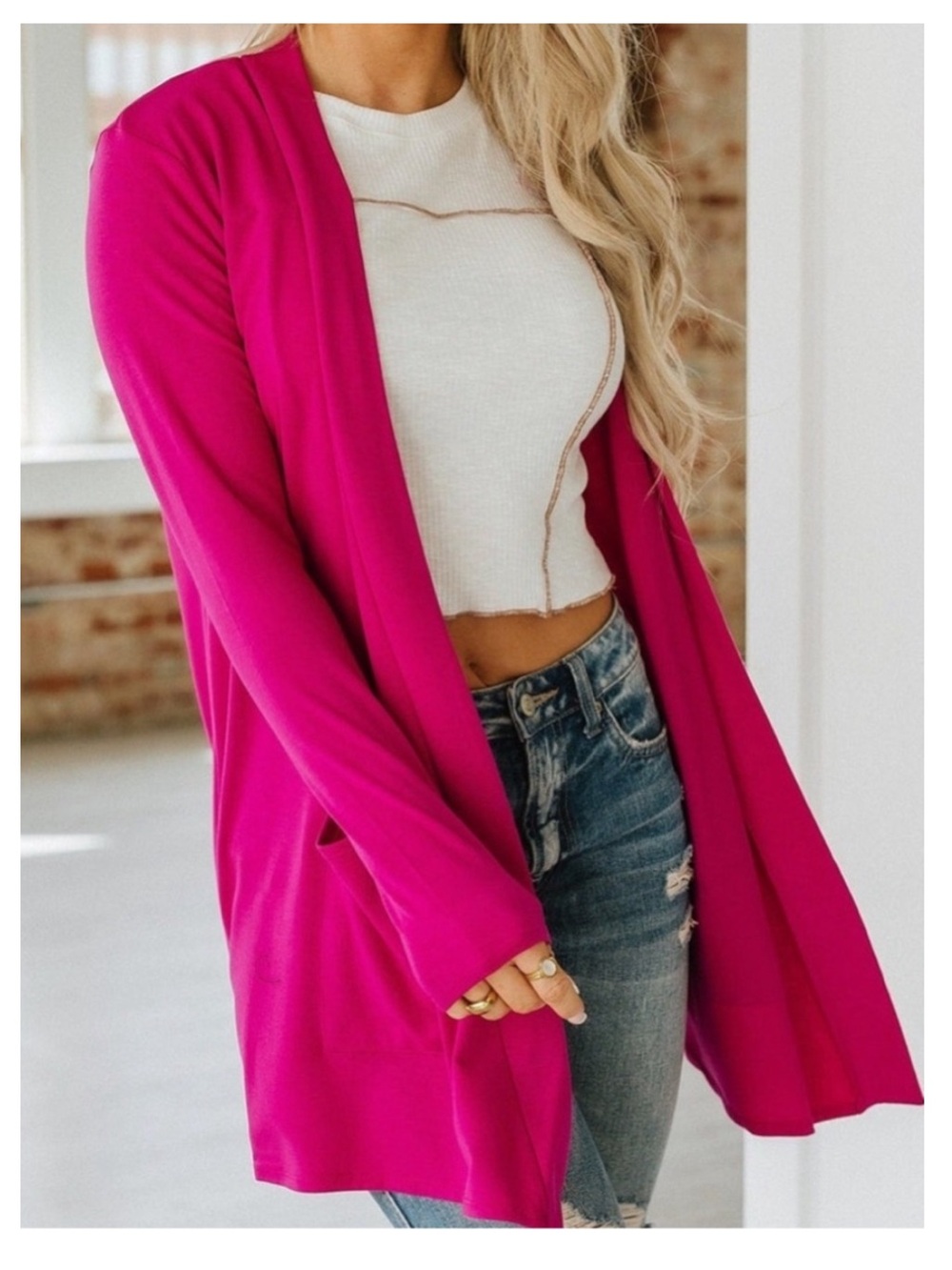 🟠NWT ZENANA Slouchy Pocket Long Sleeve Cardigan in Magenta
